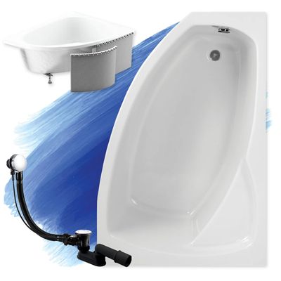 BADLAND FRIDA Corner Bathtub, White Acrylic, 150 x 100 cm, Right-Hand, 4-in-1 Complete Set with Premium Styrofoam Paneling and Chrome Automatic Drain, Made in EU