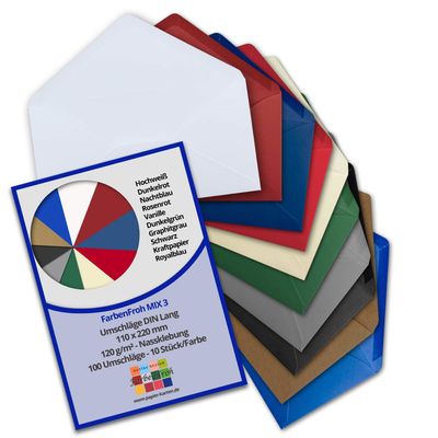100 Letter Envelopes Color Mix Pack 3, DL - 110 x 220 mm (11 x 22 cm), Gummed Flap, No Window - Ideal for Invitation Cards - FarbenFroh Series