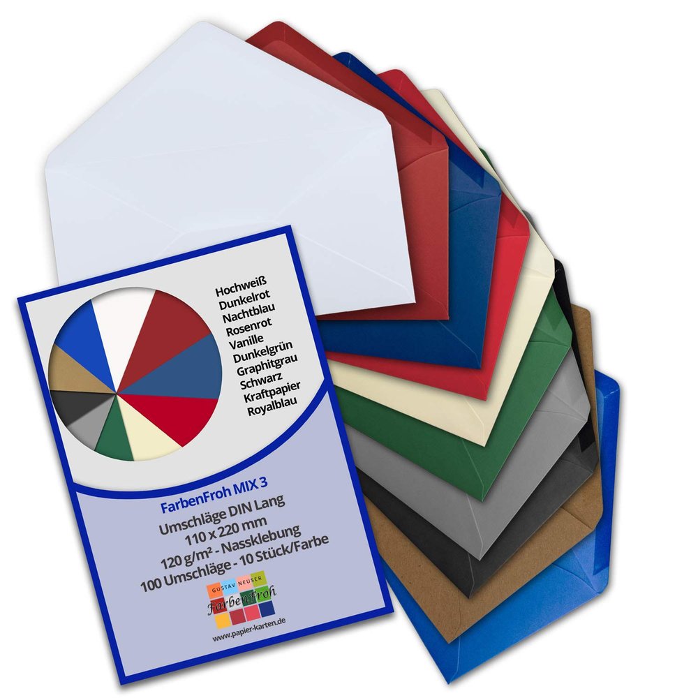 100 Letter Envelopes Color Mix Pack 3, DL - 110 x 220 mm (11 x 22 cm), Gummed Flap, No Window - Ideal for Invitation Cards - FarbenFroh Series
