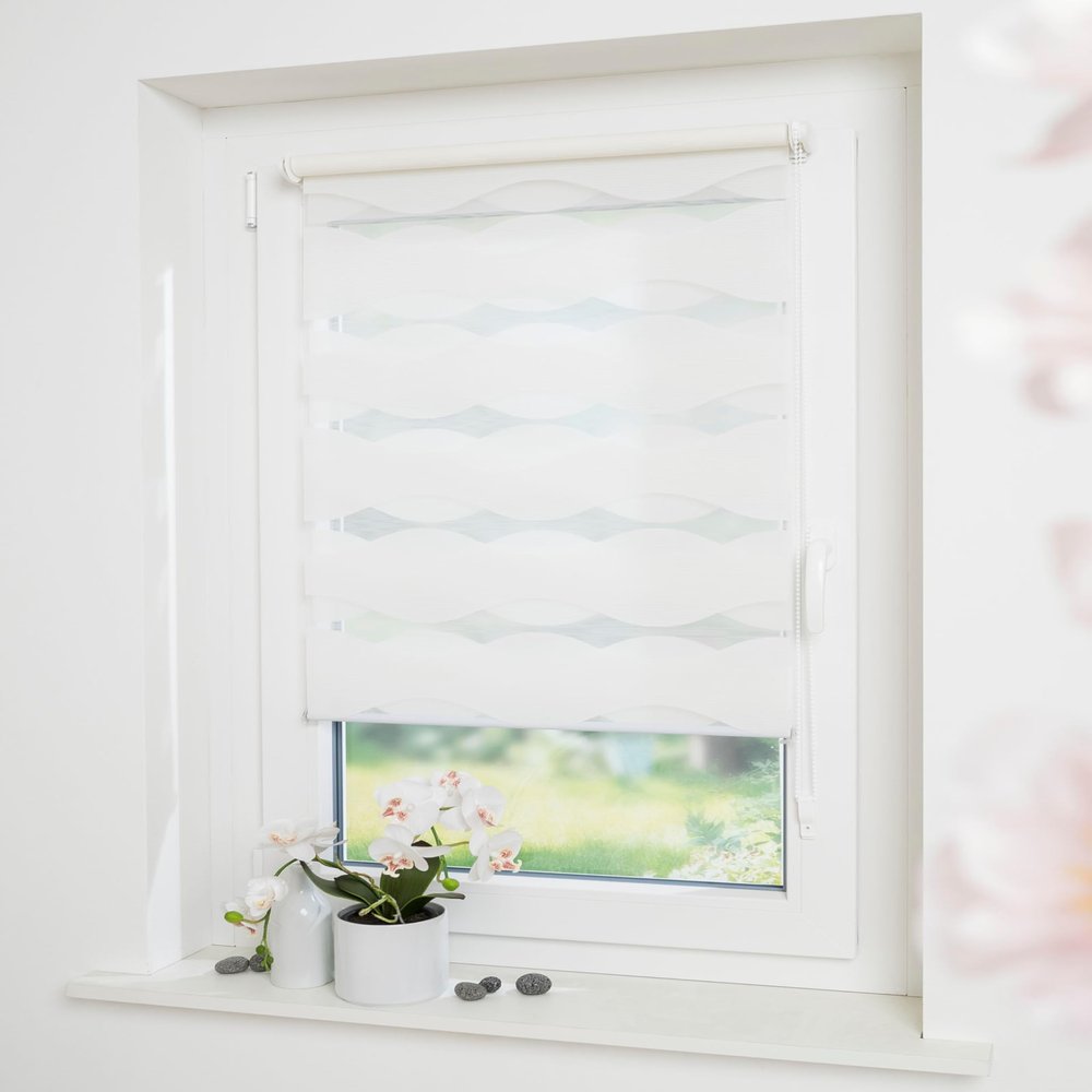 DECOLIA by Garesa Duo Roller Blind, No-Drill Clamp Mount, 95 x 150 cm, White Wave Design