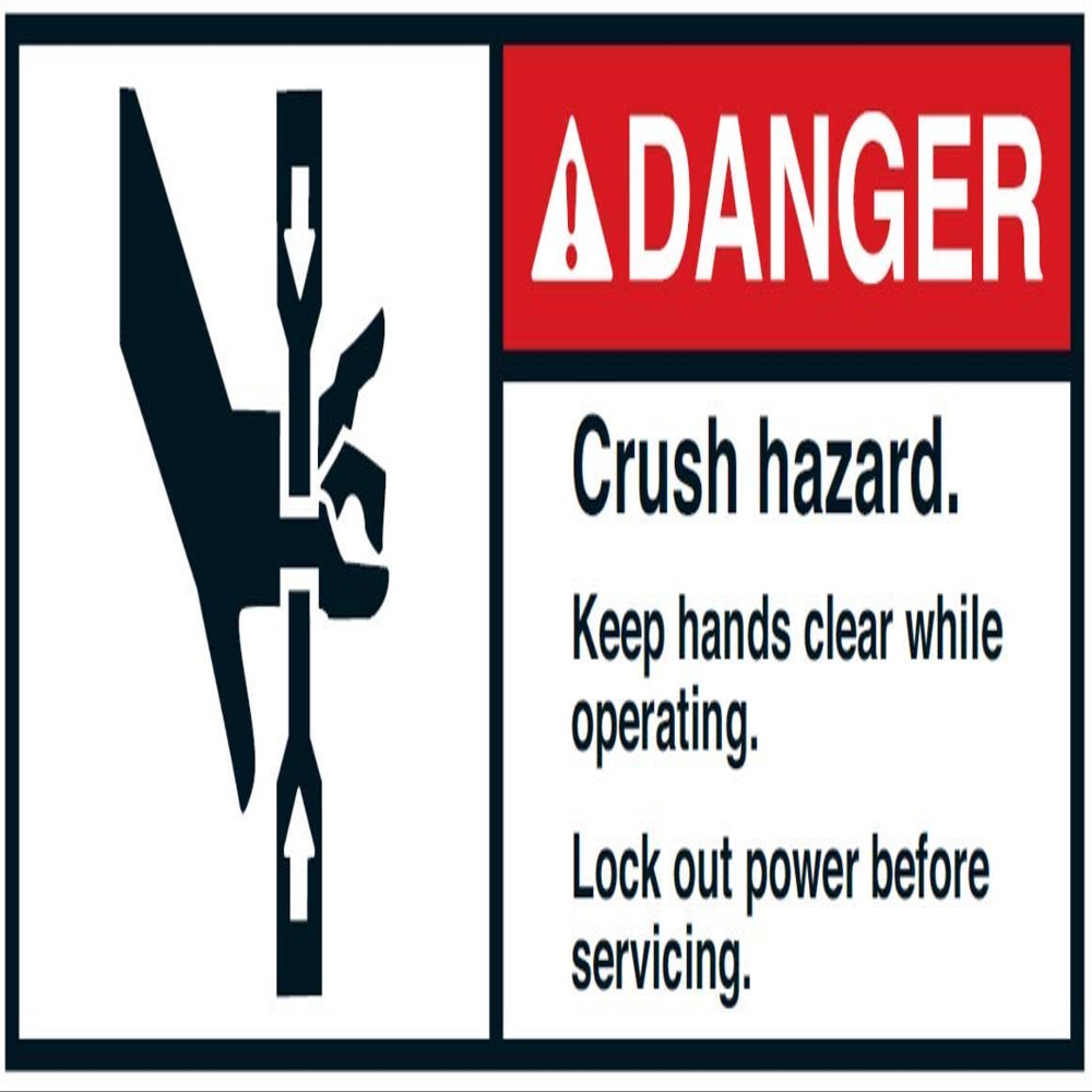 Warning Sticker “DANGER Crush hazard. Keep hands clear while operating. Lock out power before servicing.”, Film Sign, 35x80 / 45x100 / 70x160 mm, Made in Germany, Size: 45x100 mm