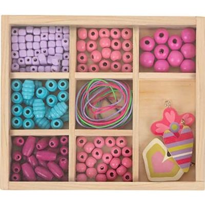 Small Foot 11726 Compact Wooden Bead Craft Set with Charms, Shapes, Ages 3+