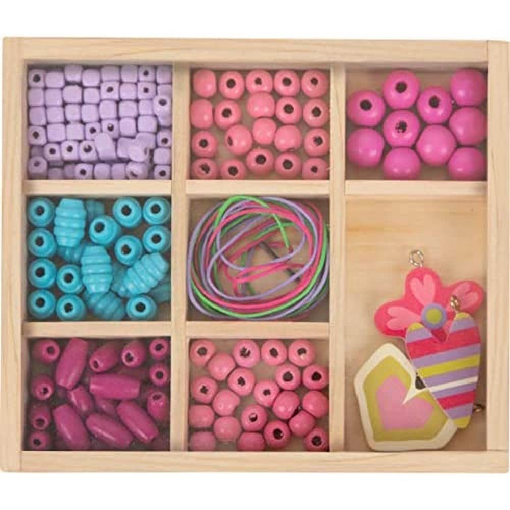 Small Foot 11726 Compact Wooden Bead Craft Set with Charms, Shapes, Ages 3+