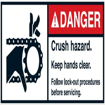 Warning Sticker “DANGER: Crush hazard. Keep hands clear. Follow lockout procedures before servicing.” Sign Film, 35 x 80 / 45 x 100 / 70 x 160 mm, Made in Germany, Size: 35 x 80 mm
