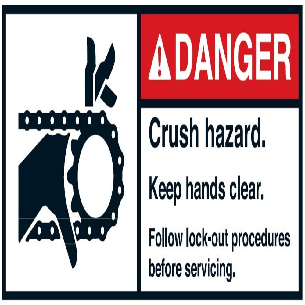Warning Sticker “DANGER: Crush hazard. Keep hands clear. Follow lockout procedures before servicing.” Sign Film, 35 x 80 / 45 x 100 / 70 x 160 mm, Made in Germany, Size: 35 x 80 mm