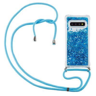 CaseLover Crossbody Phone Case for Samsung Galaxy S10+, Glitter Liquid Quicksand Clear Silicone Case with Adjustable Lanyard, Blue