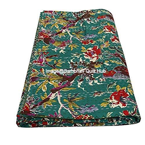 Turquoise Handmade Kantha Bird-Print Bedspread