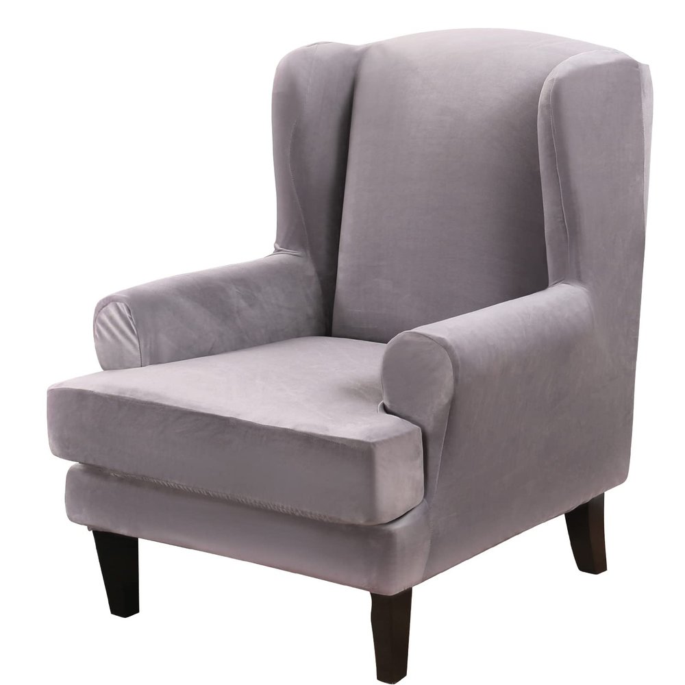 Mingfuxin Stretch Wingback Armchair Cover, Elastic Jacquard, Velvet, Silver Gray