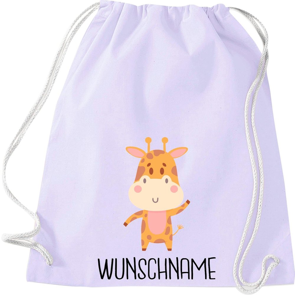 Kleckerliese Kids' Gym Bag for School & Kindergarten, Personalized Giraffe, Lavender