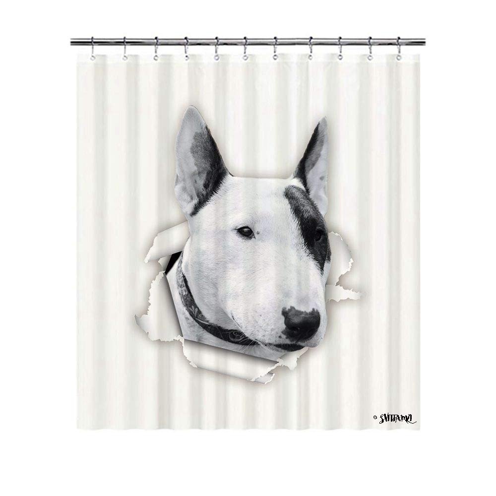 BAGEYOU Funny Bull Terrier Puppy Shower Curtain with Teardrop Paper Design, 183 x 203 cm, Waterproof, 12 Hooks