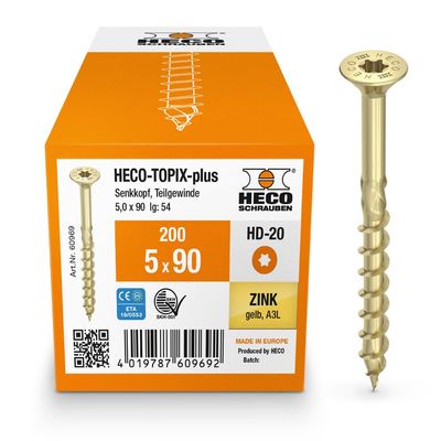 HECO-TOPIX-plus Wood Screw 5 x 90 mm, Countersunk Head, Partial Thread, Yellow Zinc-Plated, 200 Pack