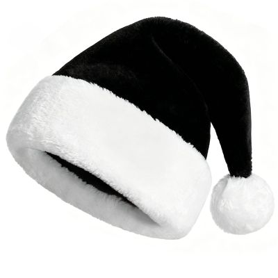 KONVINIT Black Plush Santa Hat with Thick Fur Trim for Adults
