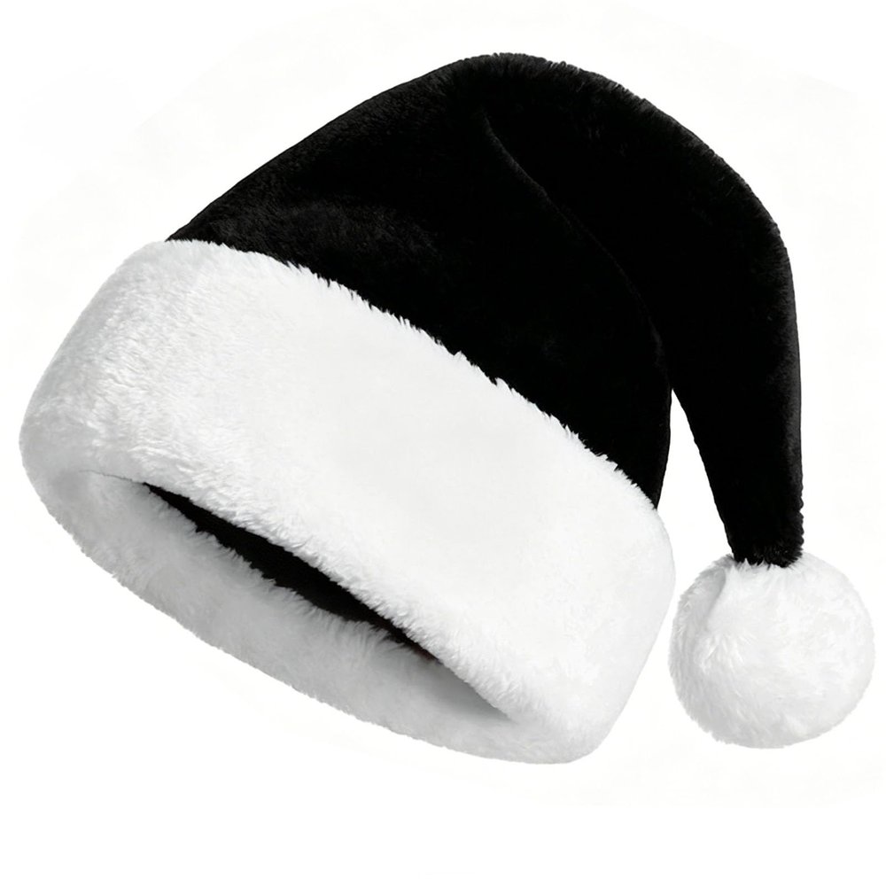 KONVINIT Black Plush Santa Hat with Thick Fur Trim for Adults