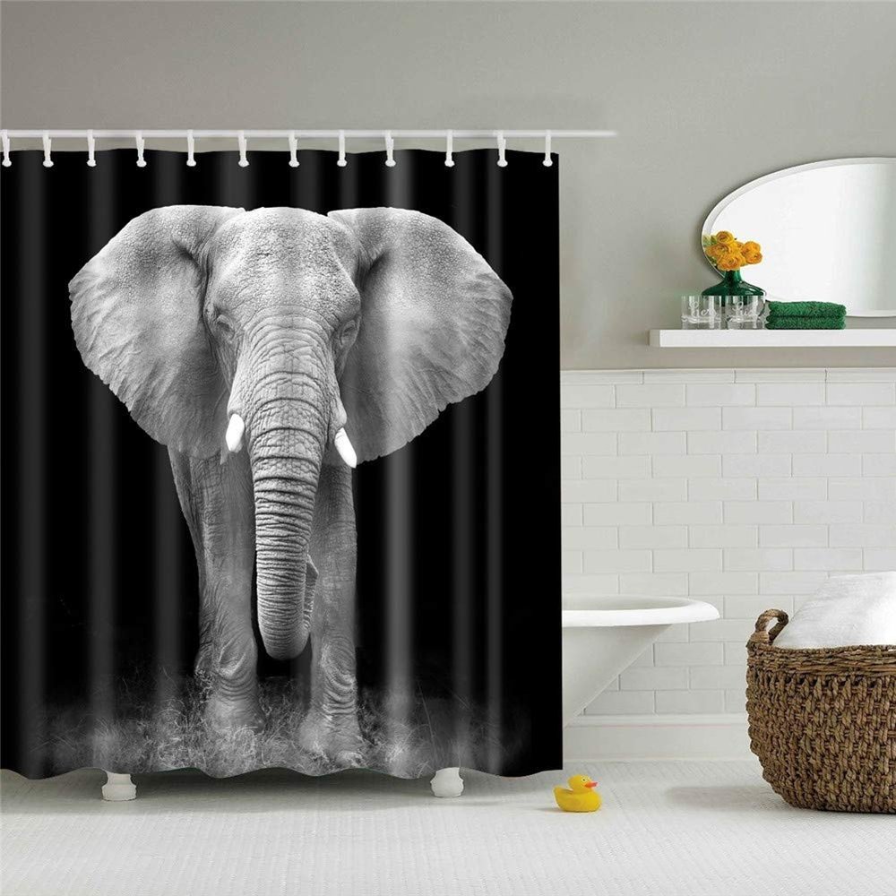 FANSU Mold-Resistant Shower Curtain, 3D Printed, 100% Polyester, Waterproof, Antibacterial, with 12 C-Shaped Plastic Hooks, Elephant, 165 x 180 cm