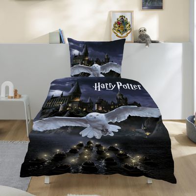Familando Harry Potter 2-Piece Bedding Set, 135 x 200 cm & 80 x 80 cm, Zippered, 100% Cotton Flannel, Reversible Hedwig & Hogwarts Design, OEKO-TEX Certified