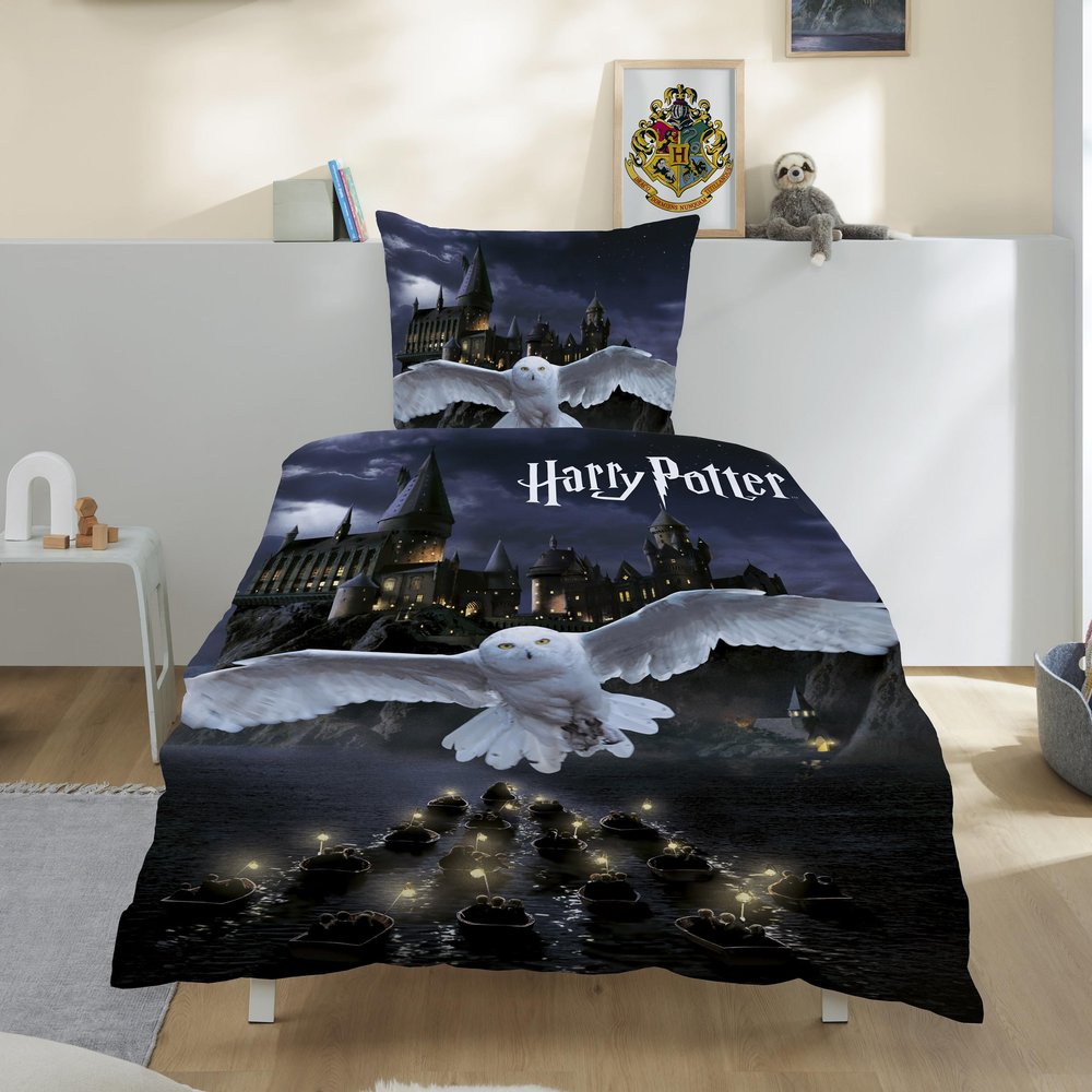 Familando Harry Potter 2-Piece Bedding Set, 135 x 200 cm & 80 x 80 cm, Zippered, 100% Cotton Flannel, Reversible Hedwig & Hogwarts Design, OEKO-TEX Certified