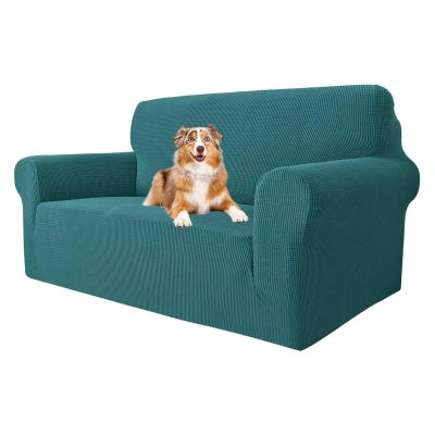 MAXIJIN Super Stretch Sofa Cover for 2-Seater Couch, 1-Piece Universal Jacquard Spandex Loveseat Slipcover, Pet-Friendly (Black Green)