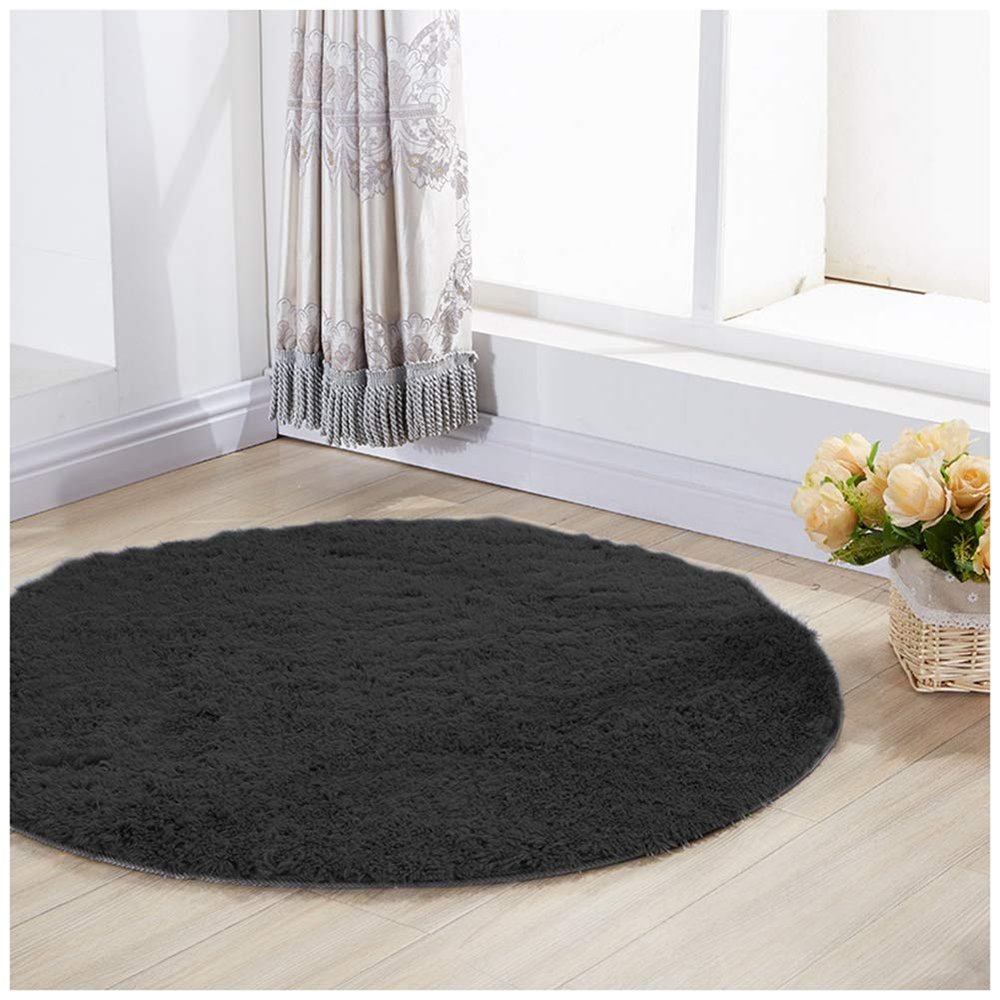 Round Shaggy Rug, Modern Faux-Fur Rug, 100 cm, Black, Long Pile
