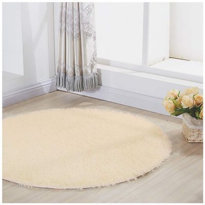 Round Shaggy Area Rug, Soft Faux Fur, Beige, 110 cm