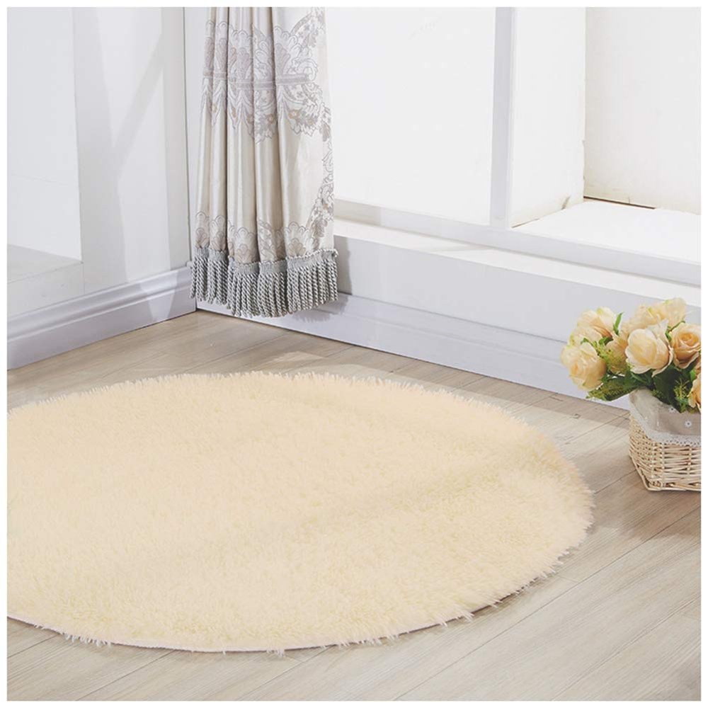 Round Shaggy Area Rug, Soft Faux Fur, Beige, 110 cm