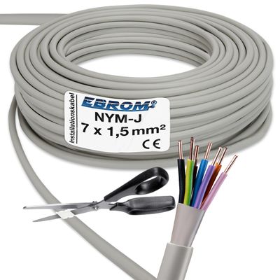 EBROM NYM-J 7x1.5 mm Installation Cable, Gray Sheath, 7 Color-Coded Cores, 49 m