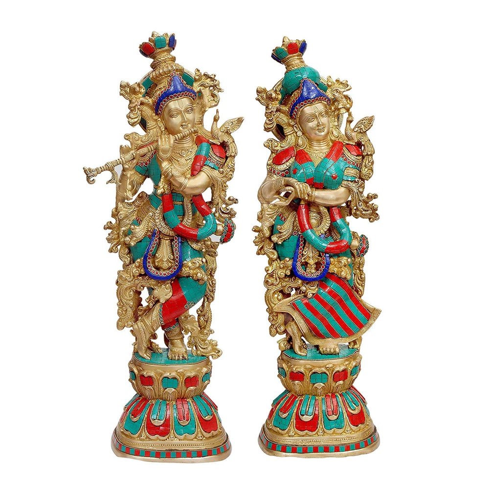 AONA Radha Krishna Brass Statue, Kishan Murti Idol, 73.7 cm, Orange