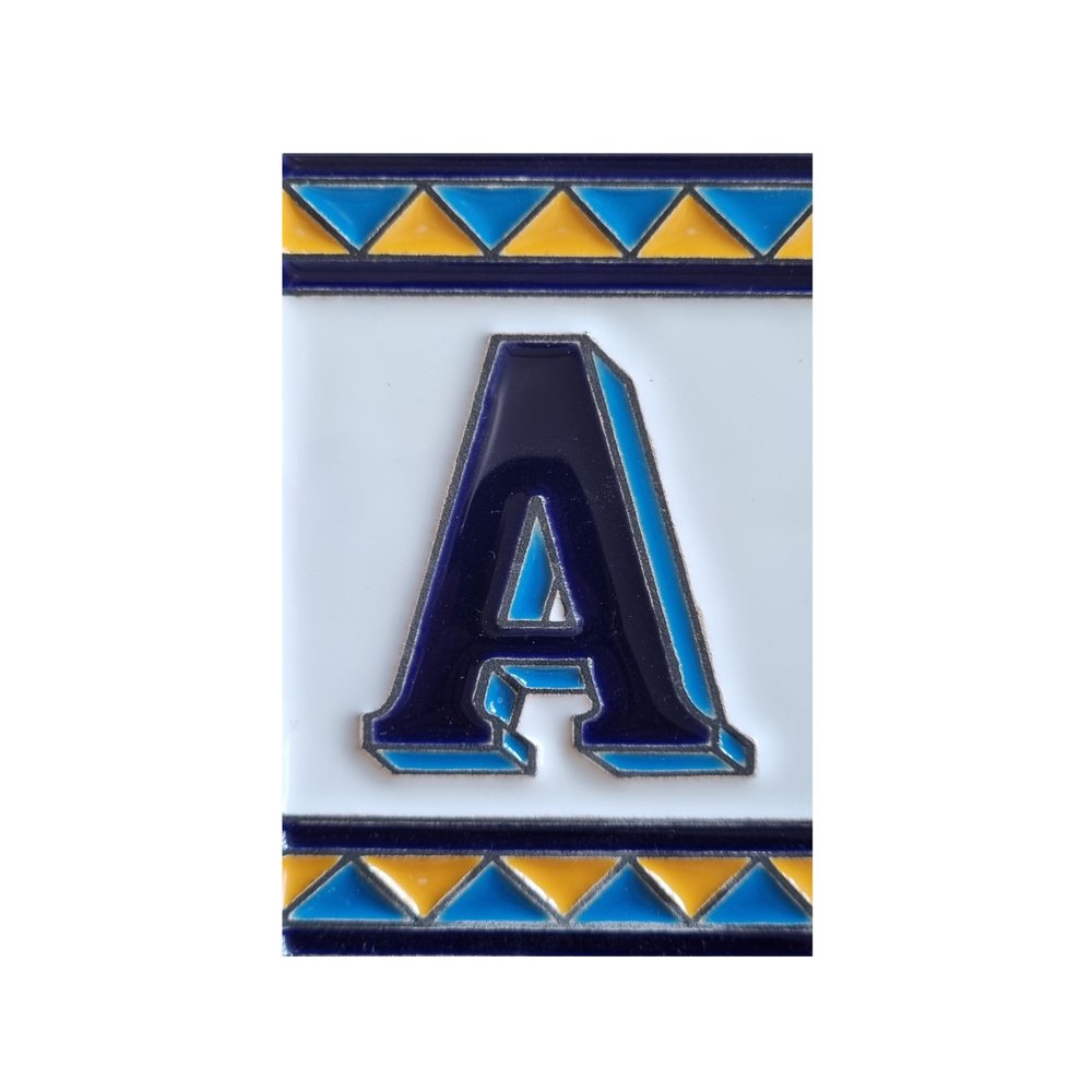 House Number Ceramic Tiles, Letters & Frames, Spanish Orange-Blue Design, 11 x 6 cm, Letter A