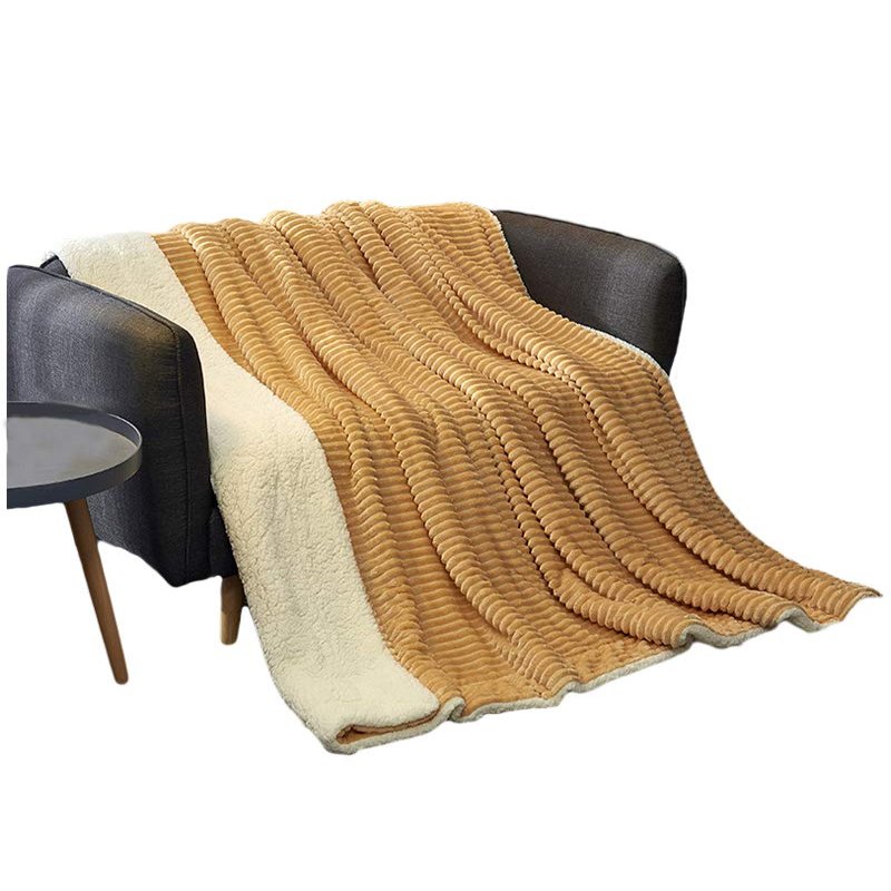 Soft Double-Layer Flannel and Lamb Wool Throw Blanket, Camel-A, 150 × 200 cm