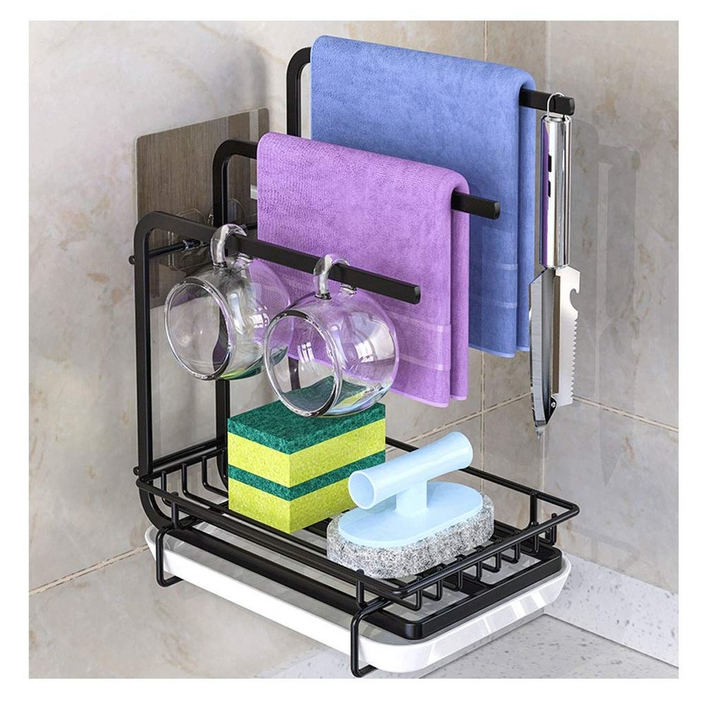 Liudan Kitchen Storage Rack, Space-Saving Over-Sink Wall Rack with Drip Tray, Black