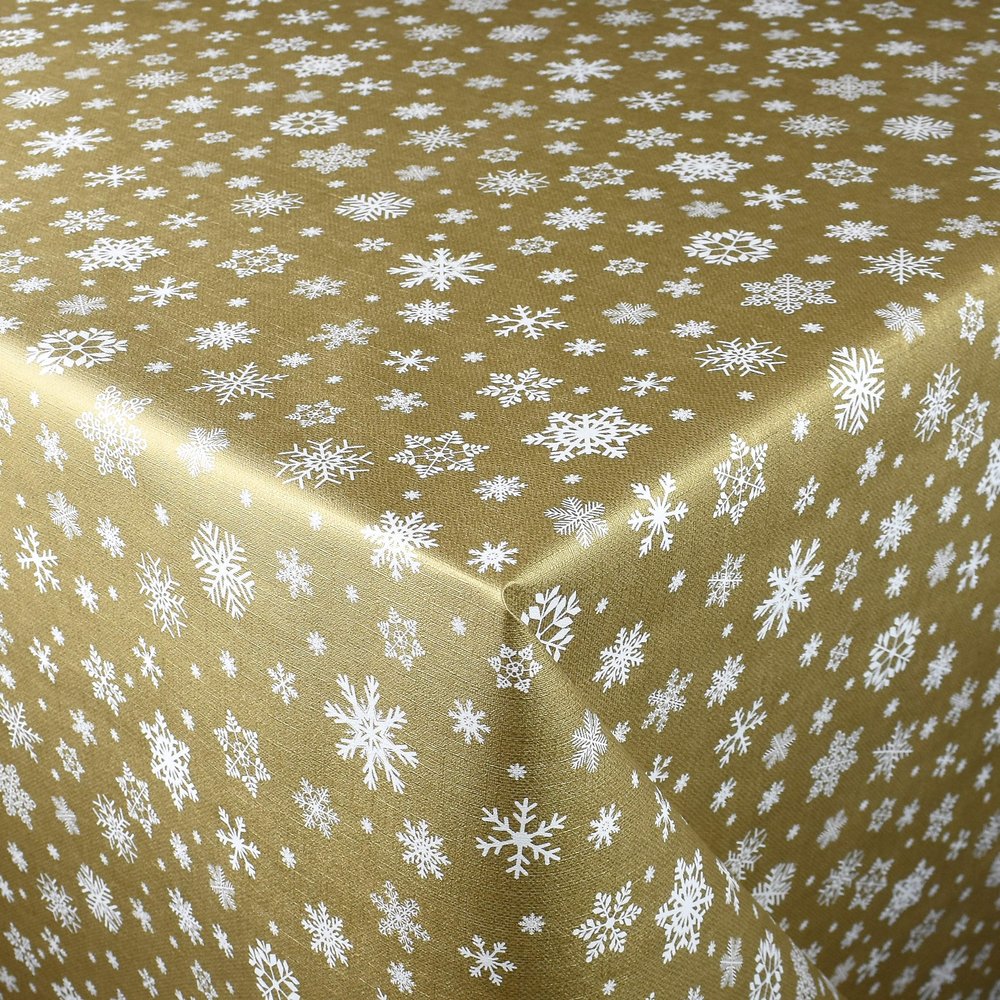 KEVKUS Embossed Oilcloth Tablecloth by the Meter P1096-1 Christmas Advent Gold Snowflakes, Rectangular/Round/Oval