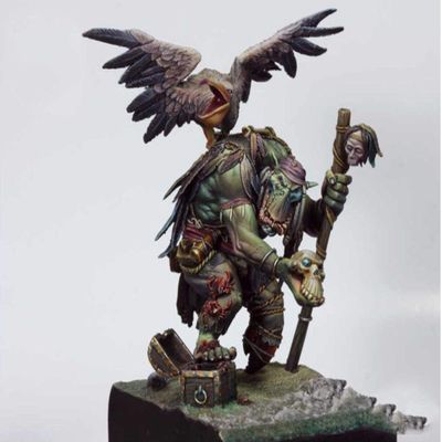 XINGCHANG 1/24 75 mm Old Warrior Standing with Bird, with Base, 75 mm Resin Figure Model Kit, Miniature GK, Disassembled, Unpainted