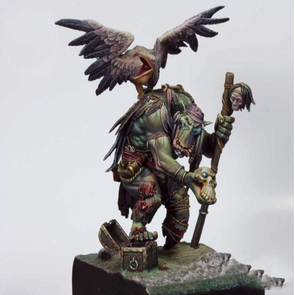 XINGCHANG 1/24 75 mm Old Warrior Standing with Bird, with Base, 75 mm Resin Figure Model Kit, Miniature GK, Disassembled, Unpainted