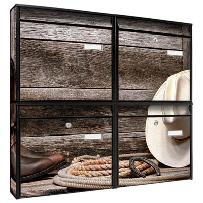 banjado 4-Compartment Wall-Mounted Mailbox System, Black Galvanized Steel, DIN A4, Line Dance Design