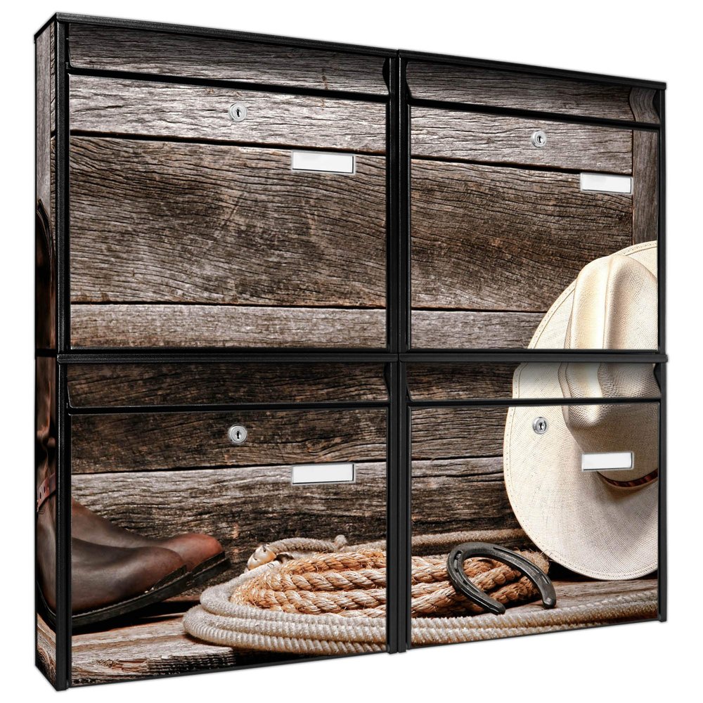 banjado 4-Compartment Wall-Mounted Mailbox System, Black Galvanized Steel, DIN A4, Line Dance Design