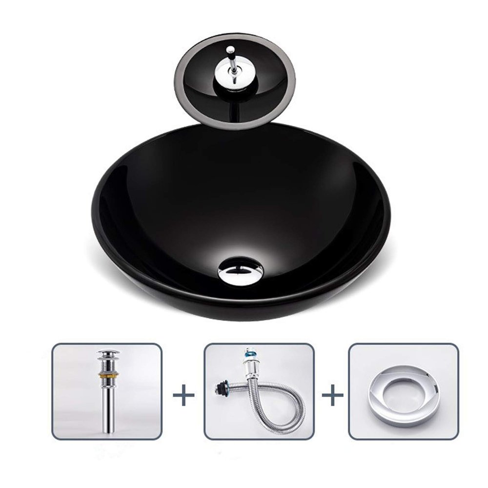 BEDSETS Tempered Glass Countertop Bathroom Sink, Round, 45 x 30 x 12 cm
