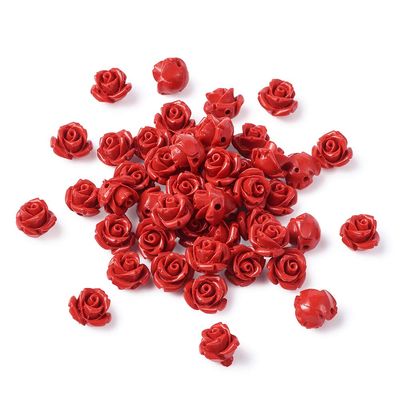 Beadthoven 50 Red Rose Cinnabar Beads, 10 mm Carved Flower Spacer Beads