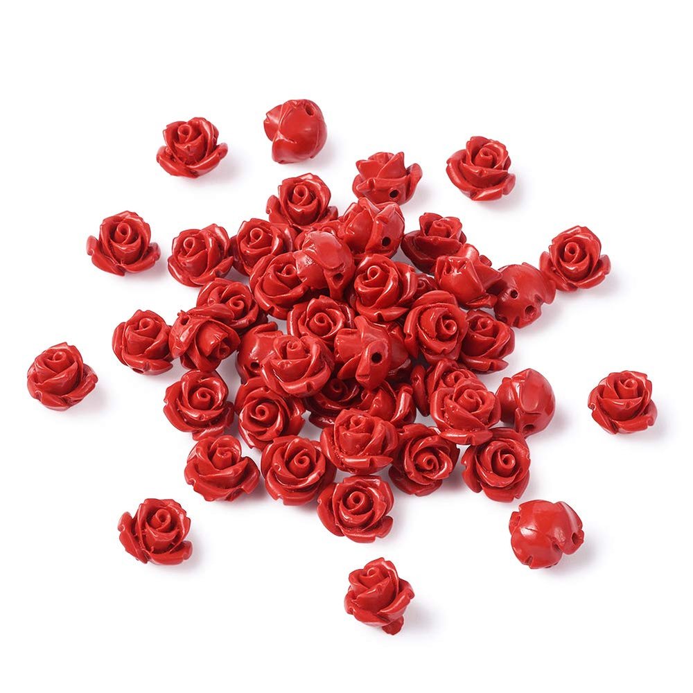 Beadthoven 50 Red Rose Cinnabar Beads, 10 mm Carved Flower Spacer Beads