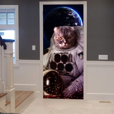 A.Monamour Self-Adhesive Door Wallpaper, 3D Astronaut Cat in Space, 77 x 200 cm