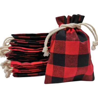 Christmas Gift Drawstring Bags, Red and Black Buffalo Plaid, 12-Pack
