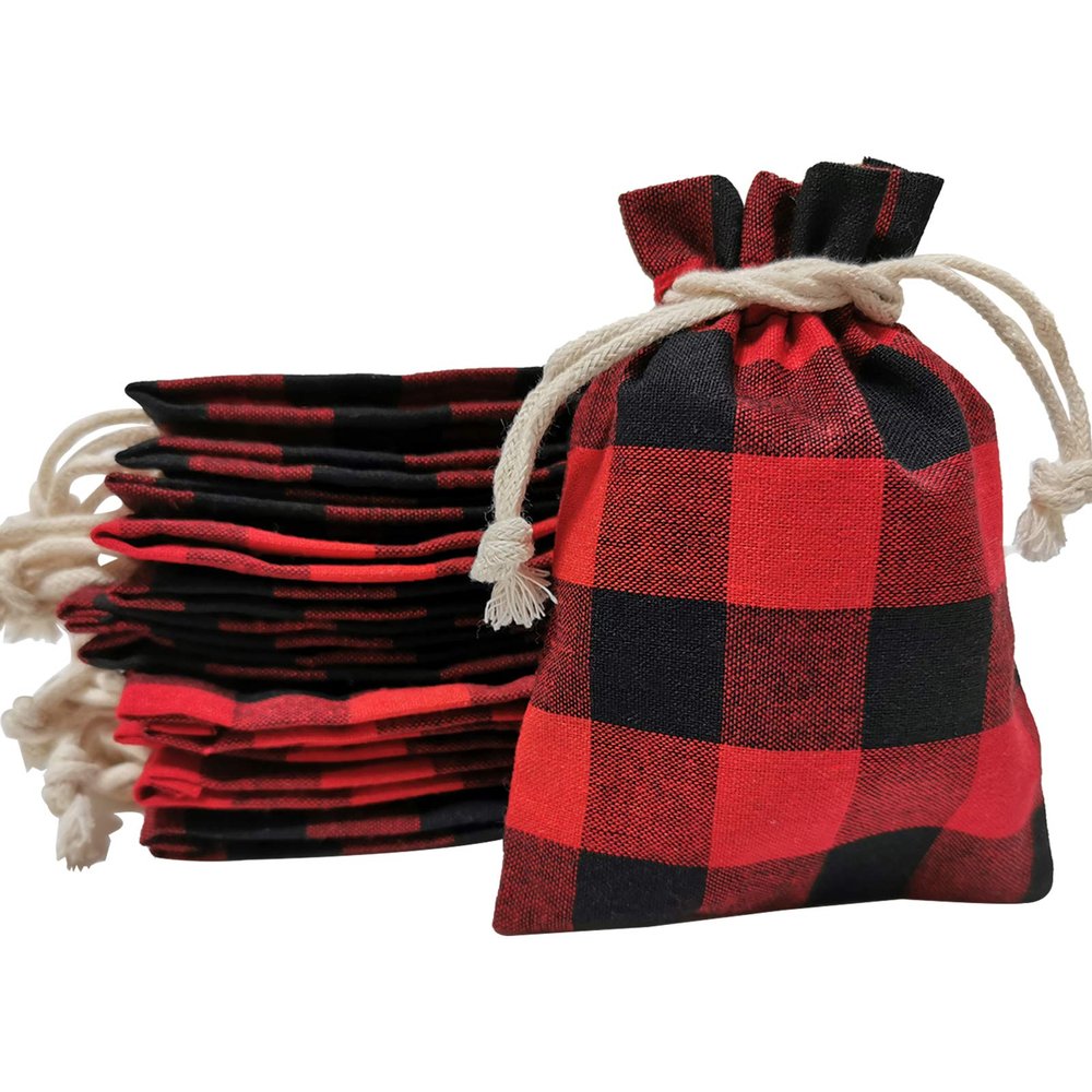 Christmas Gift Drawstring Bags, Red and Black Buffalo Plaid, 12-Pack