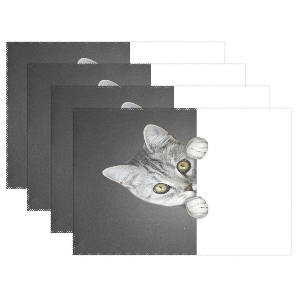HMZXZ RXYY 4-Piece Cat Placemat Set, Black and White