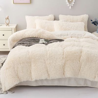 Michorinee Plush Bedding Set 135 x 200 cm, Winter Duvet Cover, Cream White