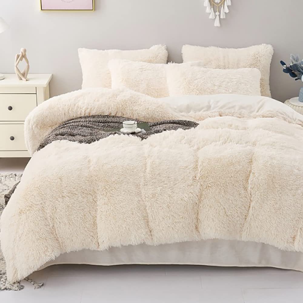 Michorinee Plush Bedding Set 135 x 200 cm, Winter Duvet Cover, Cream White