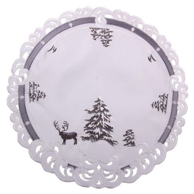 Quinnyshop Christmas Table Topper – Embroidered Deer and Fir Tree Motif, Linen-Look Polyester, Gray and White, Round, Approx. 60 cm