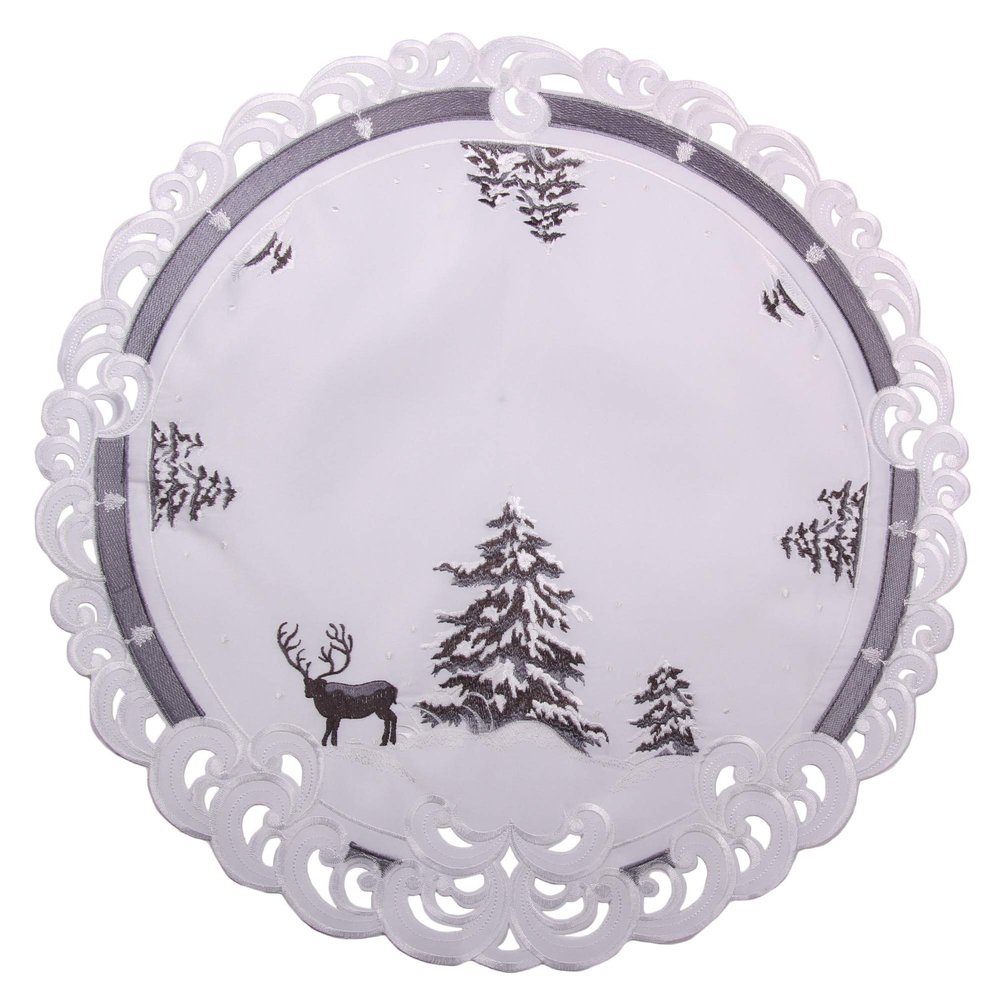Quinnyshop Christmas Table Topper – Embroidered Deer and Fir Tree Motif, Linen-Look Polyester, Gray and White, Round, Approx. 60 cm