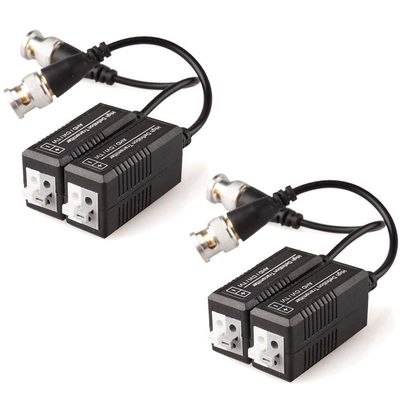 4-Pack CCTV Passive Video Balun BNC Plug Adapters, Transmitters & Transceivers, BNC Plug to Push-On UTP CAT5/5e/6/6e Cable for CCTV DVR Camera Systems (2 Pairs)