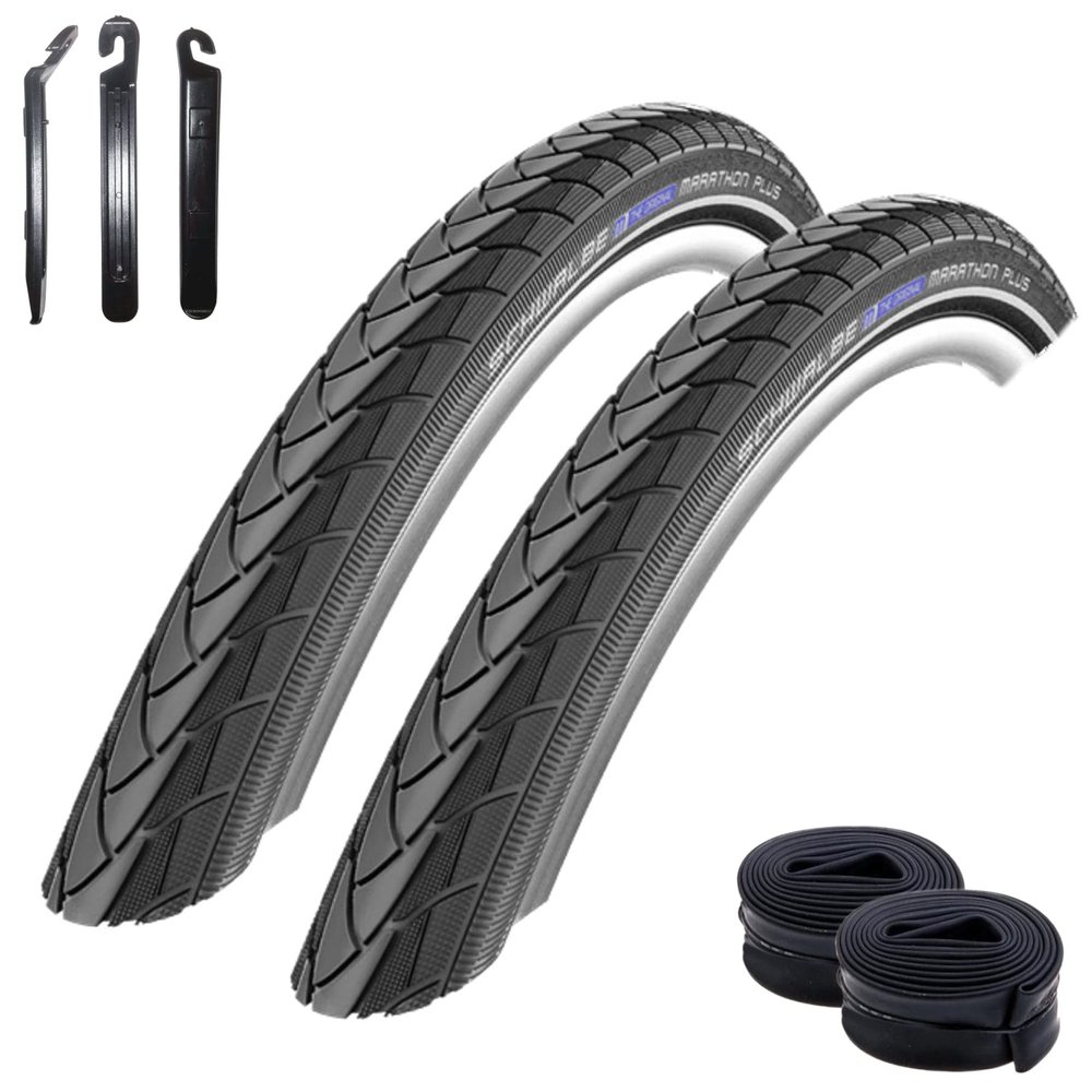 2 x Schwalbe Marathon Plus Puncture-Resistant Tires with Reflective Strip, Black, 40-622 (28 x 1.50) + 2 Schwalbe AV17 Tubes and 3 Tire Levers
