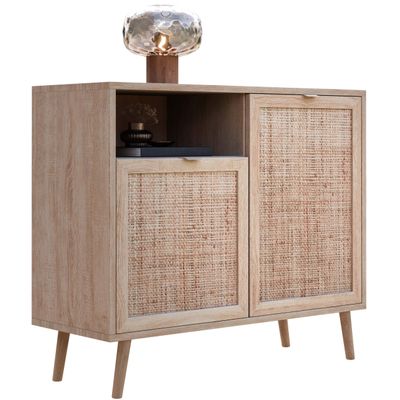 Newfurn Sonoma Oak Rattan-Look Highboard for Entryway, Boho Style
