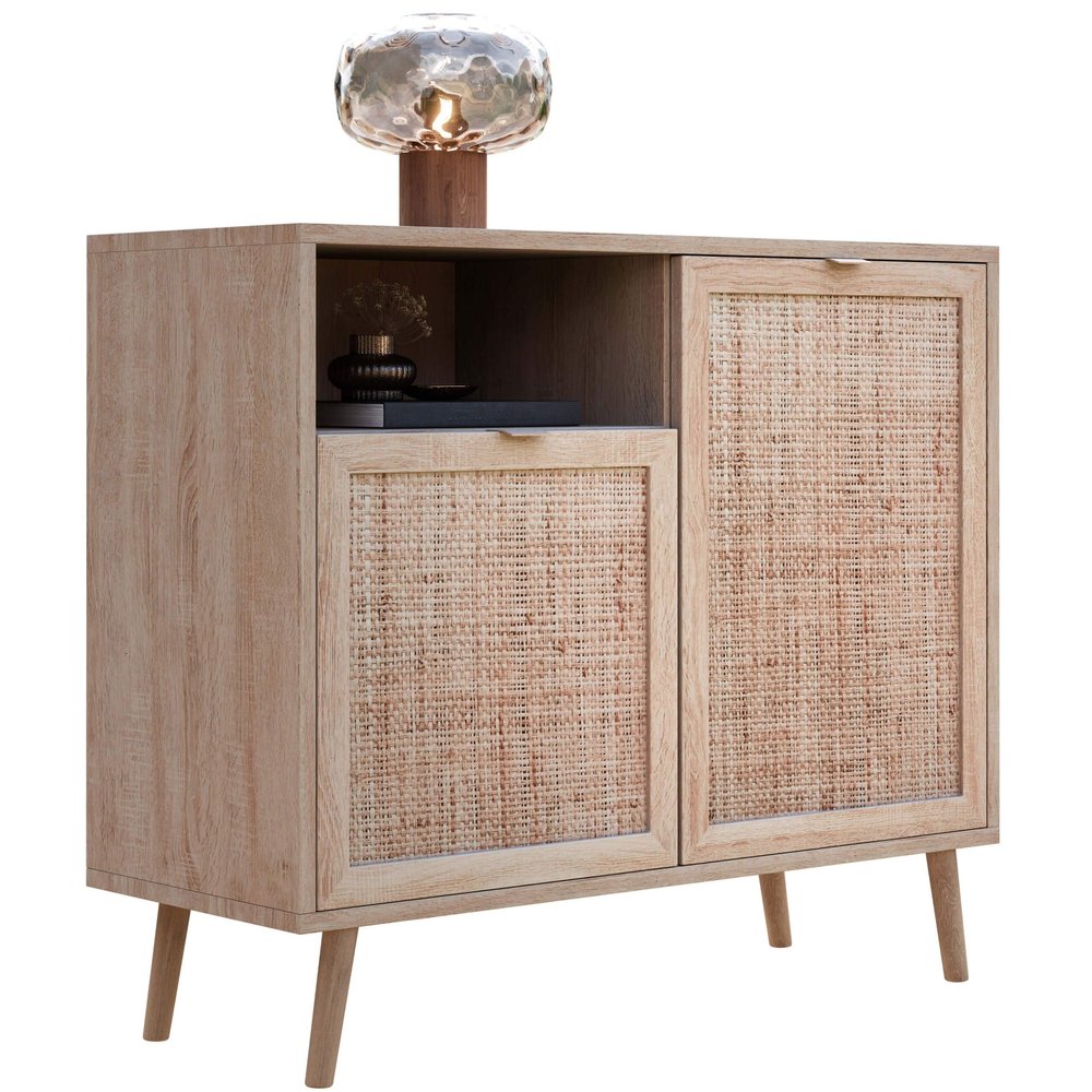 Newfurn Sonoma Oak Rattan-Look Highboard for Entryway, Boho Style
