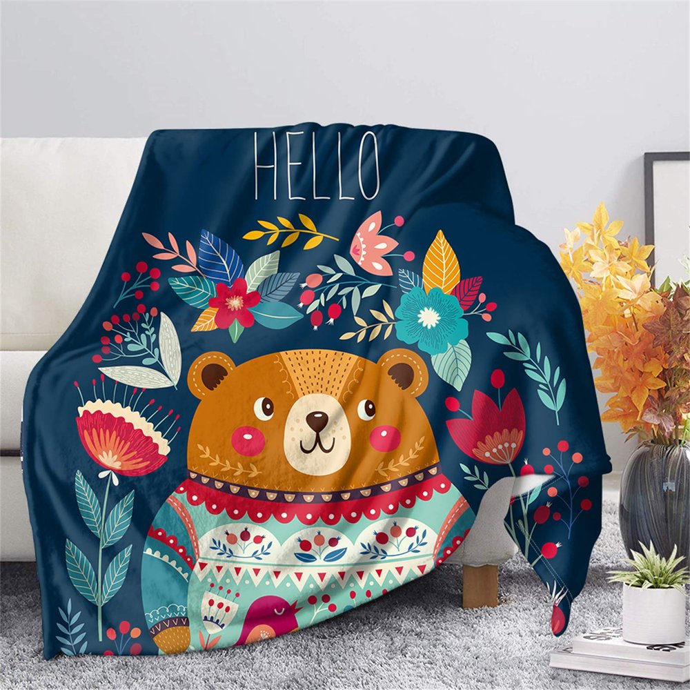 HUGSIDEA Sherpa Fleece Throw Blanket, Cute Animal & Flower Cartoon Print, XL